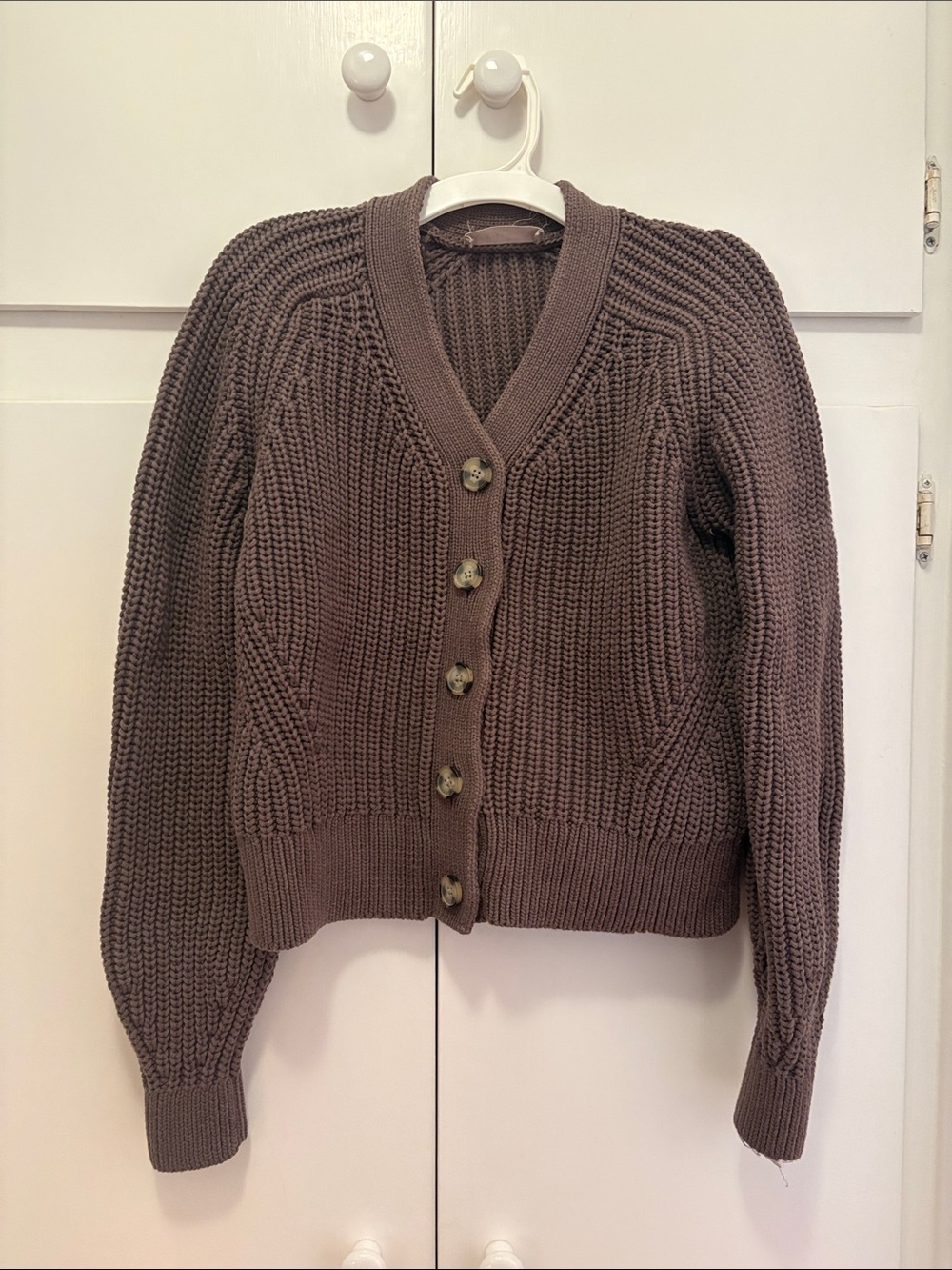 Everlane Women's Chunky Cotton Knit Taupe Plum Grey Button-Up Cardigan